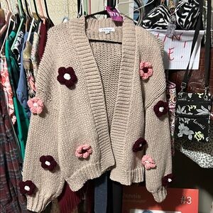 Jenni Beige Cardigan with Floral Accents